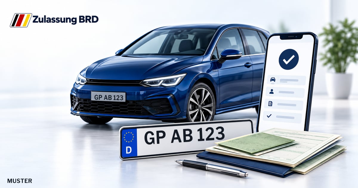 Online Fahrzeugzulassung in Ebersbach an der Fils: Musterkennzeichen GP AB 123, Auto und Fahrzeugpapiere und Smartphone. Illustration mit Logo von Zulassung BRD.